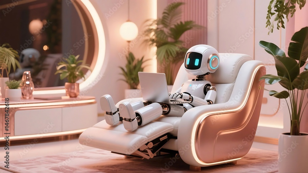Poster happy 3d chatbot robot character – friendly ai assistant . artificial intelligence, trendy technolog