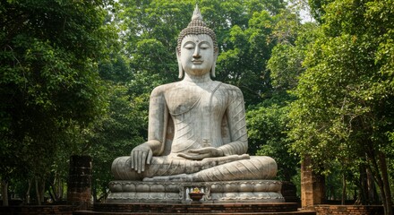 Buddha statue in lush garden