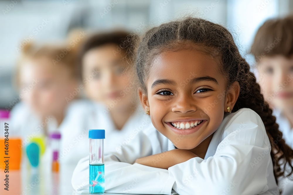 Poster smiling student in lab coat performing science experiment in classroom