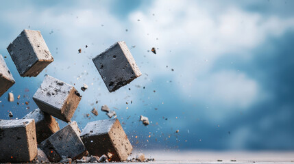 Falling concrete blocks create dynamic scene of construction and demolition, showcasing raw power of material in motion