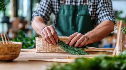Obraz premium Handmade craft skills are showcased as person arranges greenery in woven basket, highlighting creativity and craftsmanship