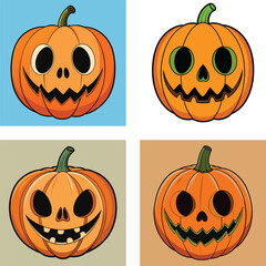 Spooky Carved Pumpkins For Halloween Season On Blue White Beige Orange Backgrounds