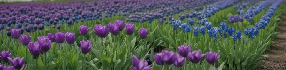 Obraz premium Blue purple blooms amidst vibrant green Tulips violets create a serene floral scene , tulip, flora, blossom