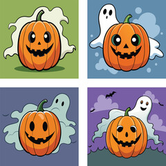 Cartoon Halloween Pumpkin And Ghost Set With Smiling Jack O Lanterns