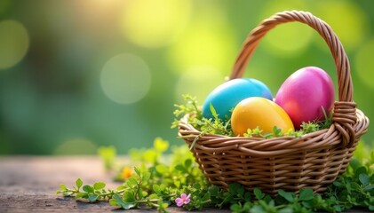 Obraz premium Colorful Easter eggs nestled in a woven straw basket , design, chick, sweet