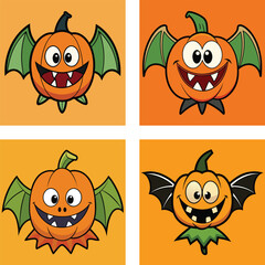 Halloween Pumpkin Bat Cartoon Character Emoticons With Green Or Black Wings And Orange Background