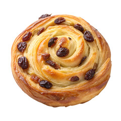 Raisin danish pastry top view close up isolated on white background