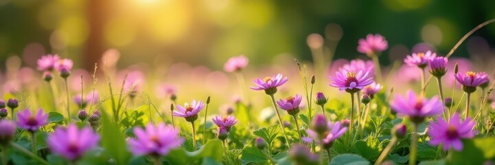 Fototapeta premium Delicate purple & pink wildflowers carpet a sun-drenched meadow , summer flowers, floral background, wildflower field