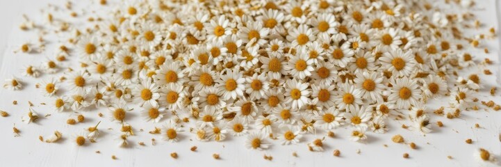 Fototapeta premium Delicate dried chamomile, scattered petals, white textured backdrop, organic, floral