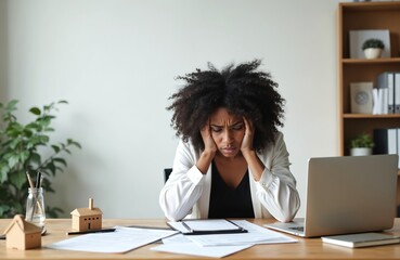Stressed black businesswoman at office desk. Overwhelmed female suffering headache from work. Feeling pressure, burnout, frustration. Financial problems, bankruptcy, job loss concept. Business