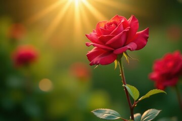 Golden sunlight bathes a single, vibrant red rose in a lush garden , picture, spring
