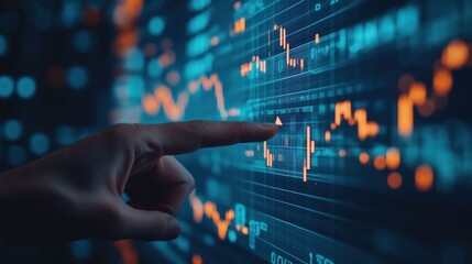 Hand points at digital stock market data displayed on a screen, showing price trends and graphs