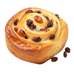 Raisin danish pastry top view close up isolated on white background