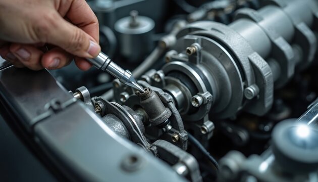 Automotive technician inspects car fuel injection system, cleans injectors with tool. Ensures optimal engine performance, fuel delivery. Tech at workshop with machinery, engineering, automotive