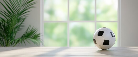 Soccer ball and green plant in sunlight indoor still life