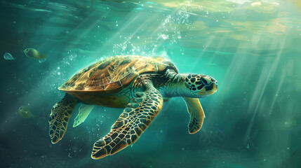 Obraz premium Serene turtle with a gentle turquoise aura swimming in clear water