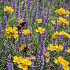 A bumblebee gathers nectar from vibrant lavender and primrose blossoms in sunny garden , wildlife, bright