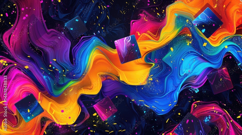 Aufkleber abstract art chaotic and energetic of mixed watercolor square object, burst of colorful light patter