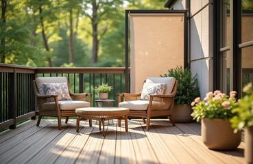 Fototapeta premium Staged summer deck with natural wood furniture, privacy screen. Chairs table create relaxing outdoor living area. Perfect for leisure, recreation, retreat. Enjoy home exterior with plants. Home decor
