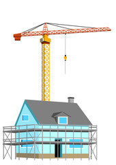 Digital illustration shows the construction of a new house. Scaffolding has been erected in front of the house. Behind the house is a crane.