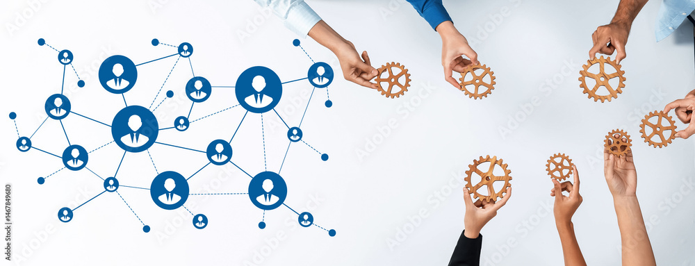Aufkleber Hands hold gears above a modern networking graphic, symbolizing collaboration and connectivity in business. Ideal for concepts of teamwork and innovation. Amity