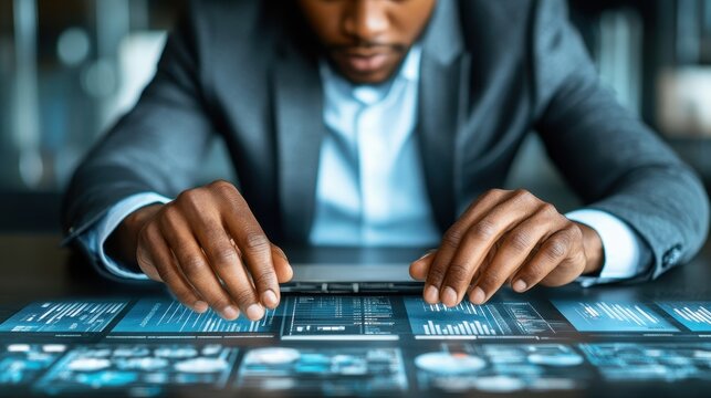 Futuristic technology interaction african american professional managing artificial intelligence software cyber innovation interface control - Powered by Adobe