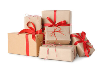 Many gift boxes wrapped in kraft paper isolated on white