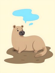 Fototapeta premium Capybara Relaxing in Mud Bath Illustration with Neutral Background and Blue Sky Shape