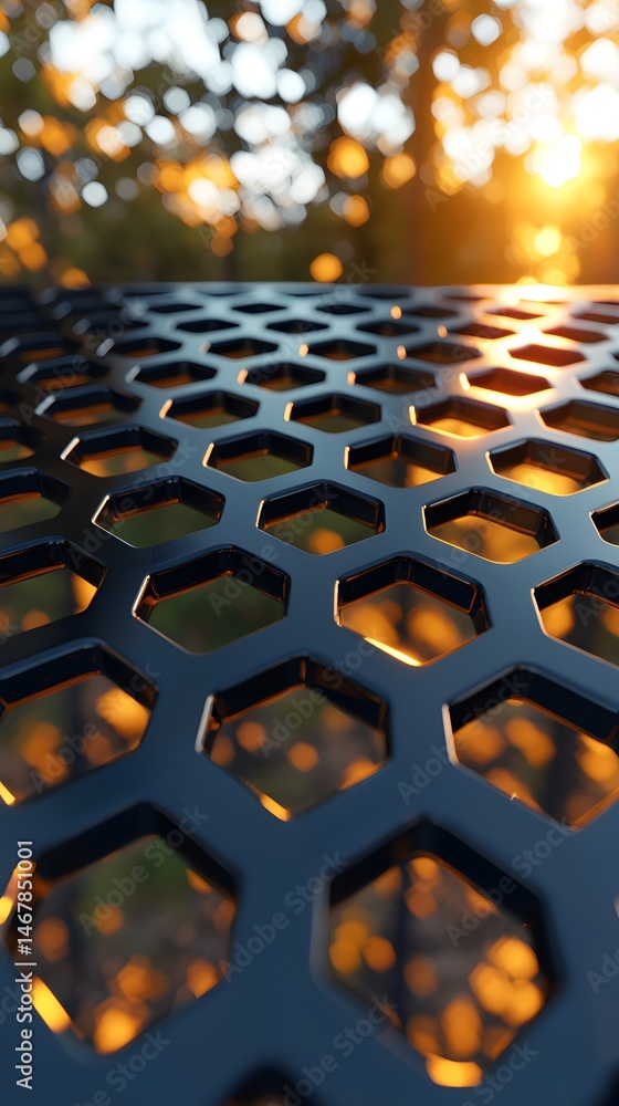 Fototapete Rotating Hexagonal Metal Mesh Texture in Space with Warm Lighting