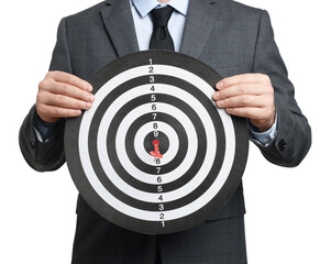 Targeting. Man with dart board on white background, closeup