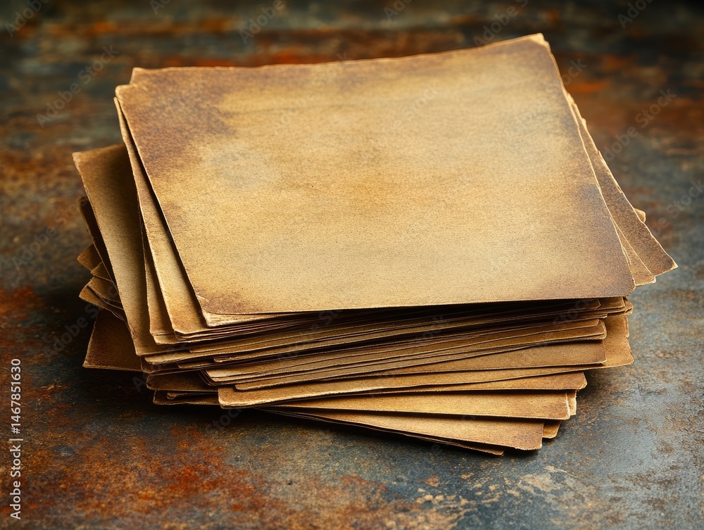 Poster stack of aged paper sheets on textured surface vintage rustic background