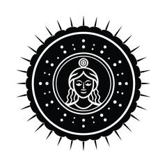 Elegant black and white illustration of a woman inside a circular design with decorative spikes