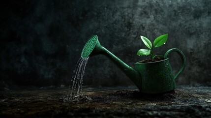 A green watering can pours water onto a seedling in dark setting