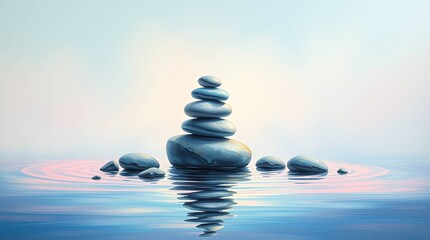 Obraz premium Serene Stone Tower Reflection: A tranquil scene of balanced stones in a calm water, reflecting peace and meditation, perfect for evoking a sense of inner harmony and balance.