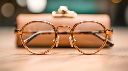 Round Tortoiseshell Eyeglasses with Leather Case on Wooden Surface