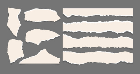 Set of white torn notebook paper pieces with shadow.
White vector paper clipping. Isolated old paper with torn edge.