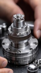 A highly detailed close-up of a precision-machined metal component being handled by human hands.