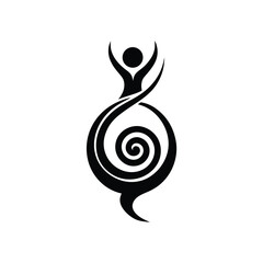 Elegant black and white abstract silhouette of a person with arms raised and a swirling spiral design