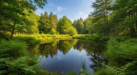 Fototapeta premium Still water reflecting trees in a forest on a sunny day.