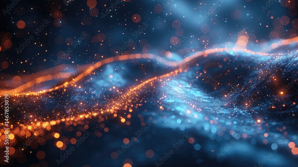 Poster abstract picture micro light sparkling particle represent data flow vivid flowing wave with high tec