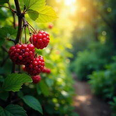 Fototapeta premium Sun-drenched wild berries, vibrant hues, lush foliage, leaves, nature, strawberry