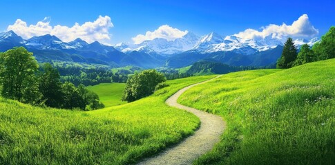 Fototapeta premium Scenic mountain panorama with winding path leading through grassy hills to snow-capped peaks under clear blue sky idyllic natural landscape concept of travel tourism wellness retreat