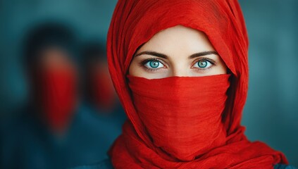 Naklejka premium Woman in Red Headscarf with Blue Eyes