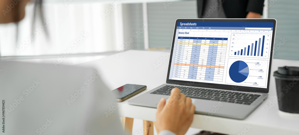 Poster spreadsheet document information financial startup concept. data and graphs in spreadsheet documents