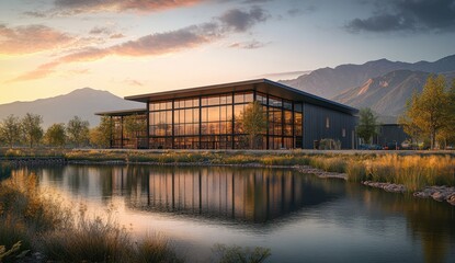 Modern building reflected in tranquil pond at sunset.  Large, glass-fronted structure sits beside a calm body of water, with mountains in the background.  Warm golden hour light bathes the scene