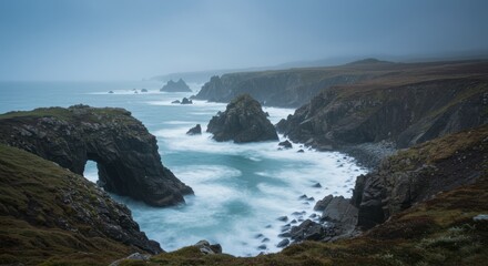 Obraz premium Rocky coastline with cliffs and ocean waves under a cloudy sky.