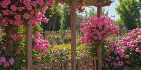 Fototapeta premium Abundant pink blooms climb sun-drenched wooden trellis; idyllic garden scene , idyllic, flowering