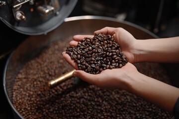 A person's hands hold freshly roasted coffee beans.