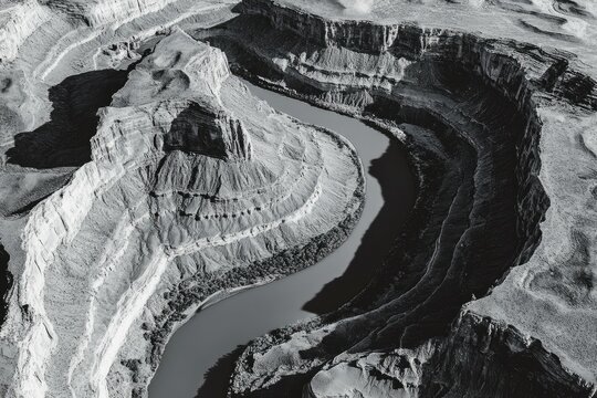 Fototapeta A stunning black and white aerial view of a river winding through a canyon, showcasing the rugged beauty of nature.