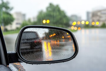 A car reflecting urban lights during soft rain, captured in high detail.